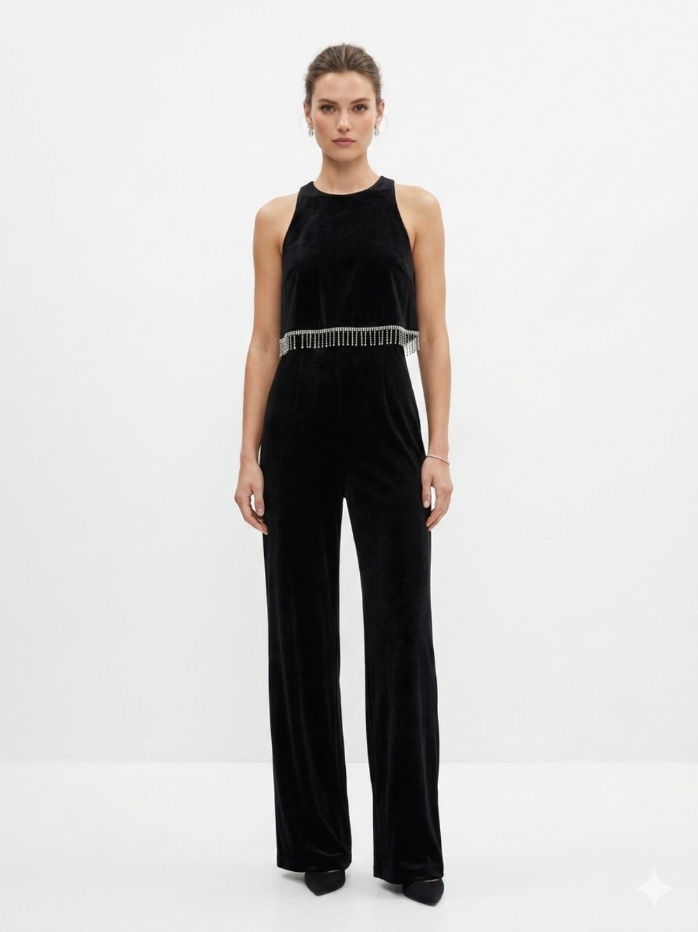 Zara Black Velvet Jumpsuit with Rhinestone Fringe Trim Girls Size 11-12 (152)